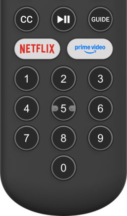 Android TV remote showing closed captions, guide, and number buttons for Streeme channel tuning