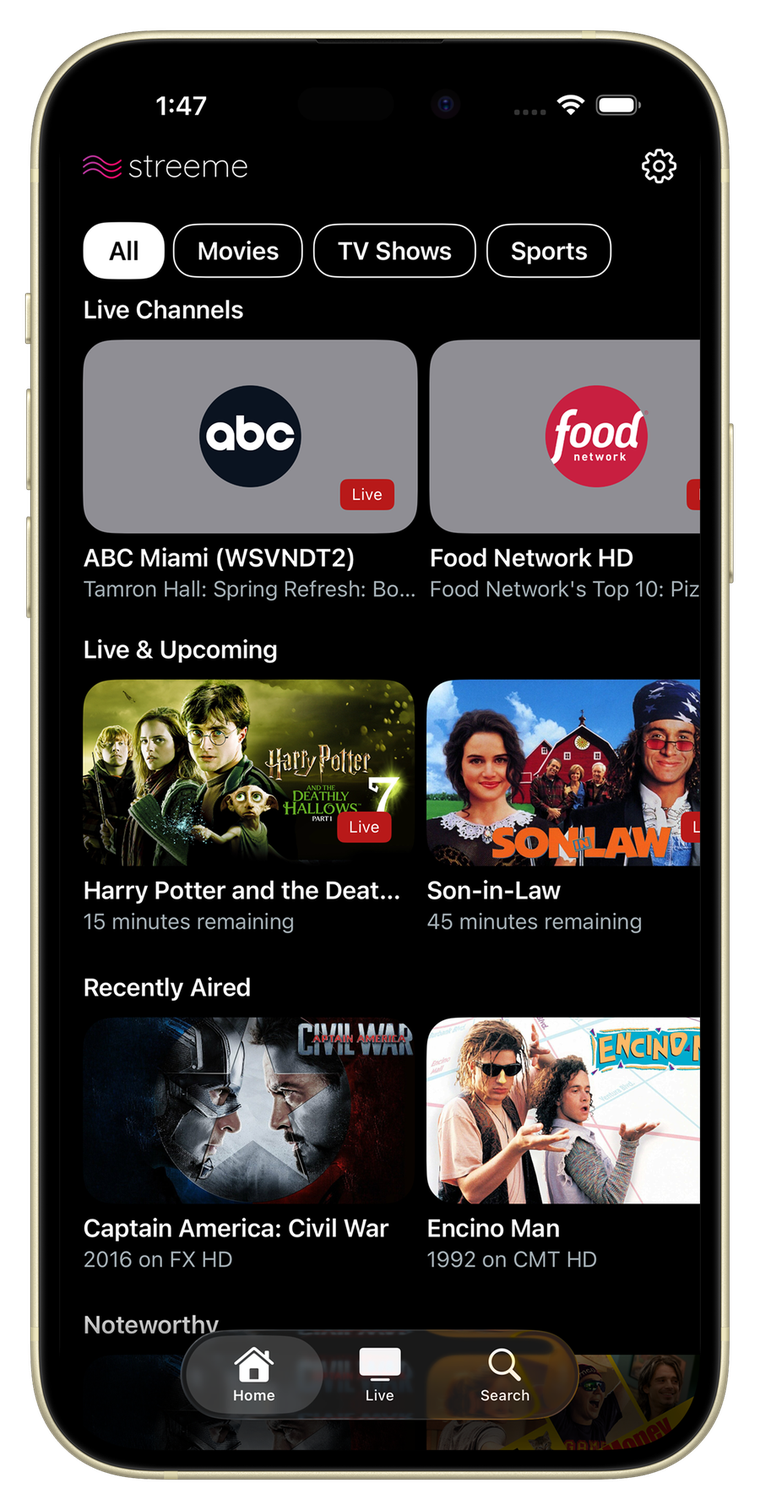 Streeme iOS home screen with live channels and program cards