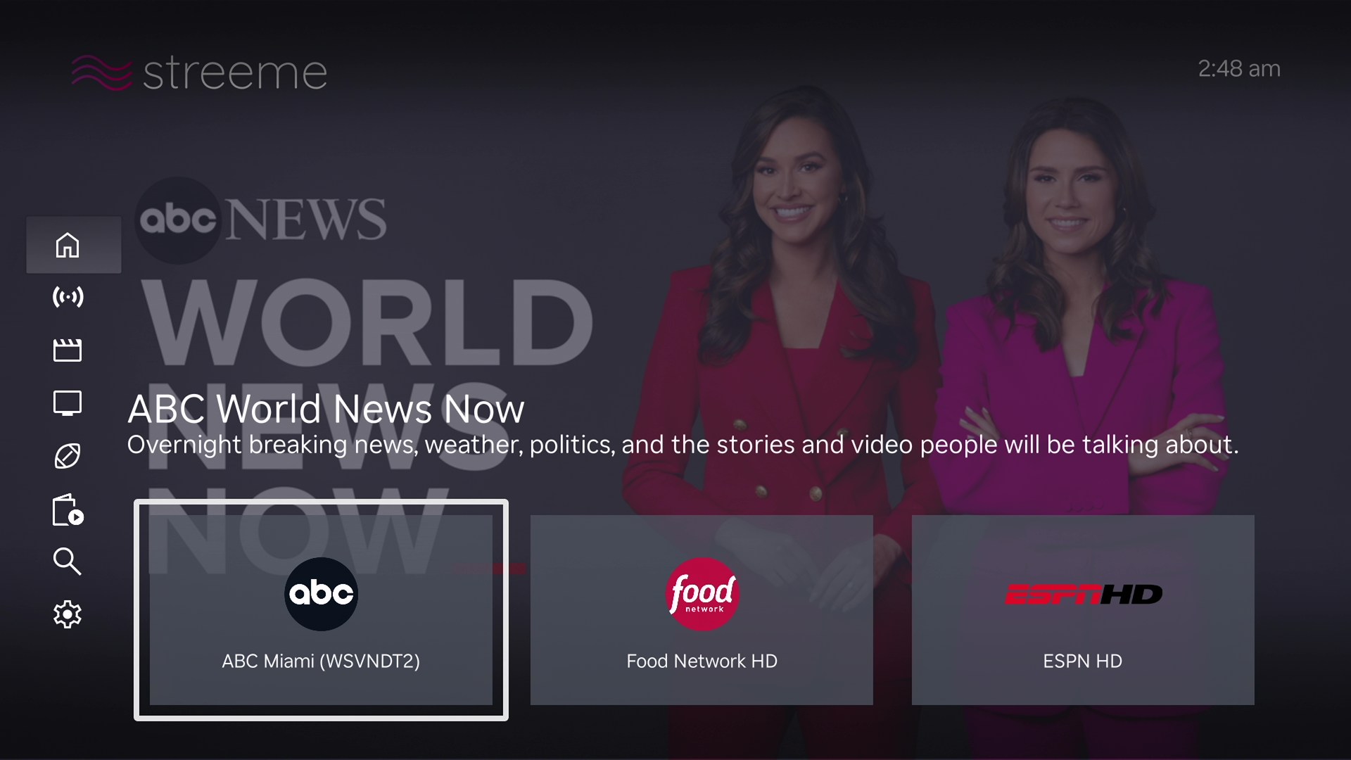 Streeme Roku channel carousel with live TV cards