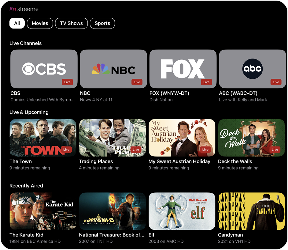 Streeme iOS content discovery interface with live channels, upcoming content, and recently aired rows