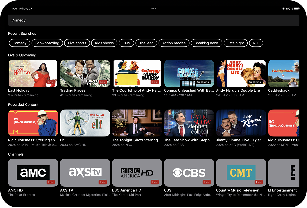 Streeme iPad search interface showing recent searches, live and upcoming results, recorded content, and channels