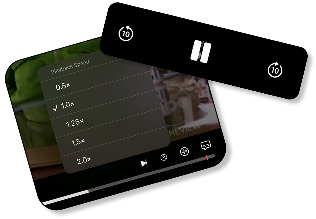 Streeme playback controls with pause, rewind, fast-forward, and playback speed options